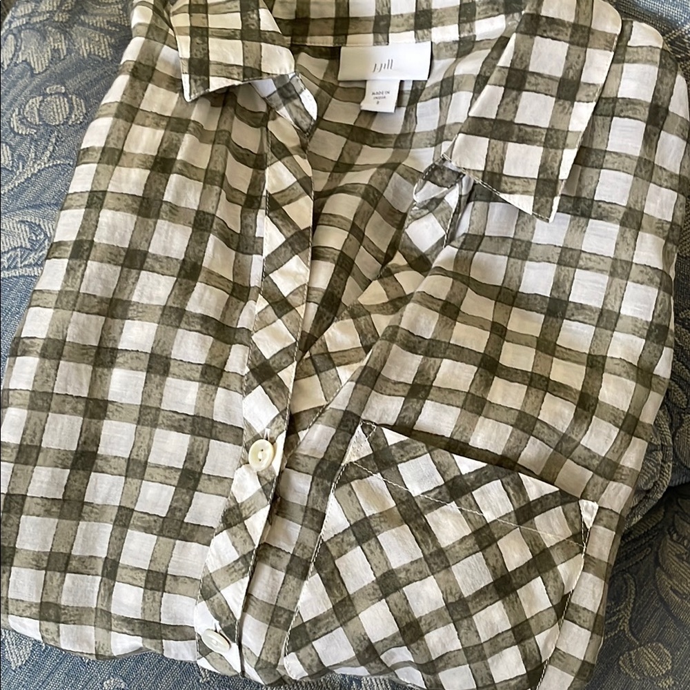J. Jill Moss Silk/Cotton Green and Cream Checkered Blouse